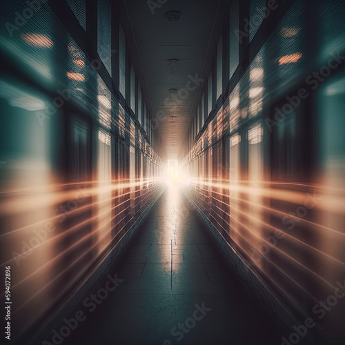 A long corridor with glass walls  on each side bathed in light from a bright light source at the end of the corridor, like the entry to a new dimension.,Generative AI, © noel