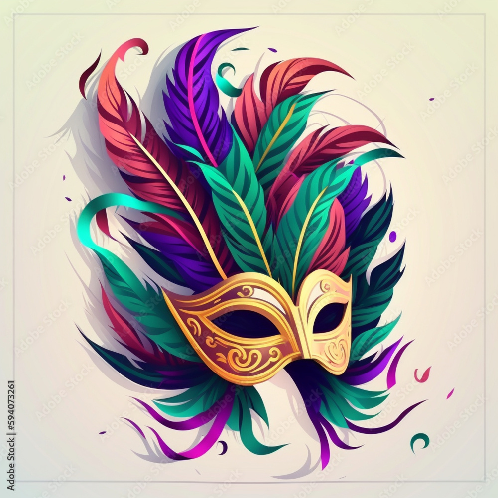 Mardi gras. Mask with feathers, festival bright colours. Icon, clipart for website, holiday, travel, festival application. Mardi gras party invitation. Flat illustration, cartoon style.

