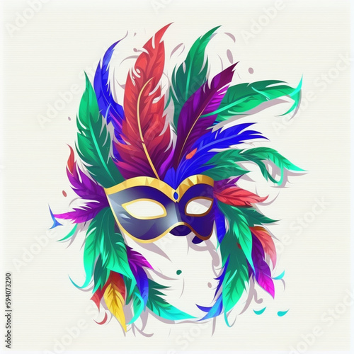 Mardi gras. Mask with feathers, festival bright colours. Icon, clipart for website, holiday, travel, festival application. Mardi gras party invitation. Flat illustration, cartoon style.