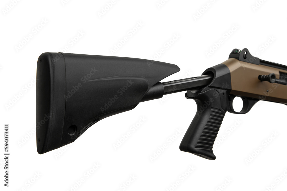 Modern semi-automatic shotgun. Tactical smoothbore weapon 12 caliber. Armament of the army, police and special units. isolate on white back. Modern semi-automatic shotgun. Tactical smoothbore weapon 12 caliber. Armament of the army, police and special units. isolate on white back.
