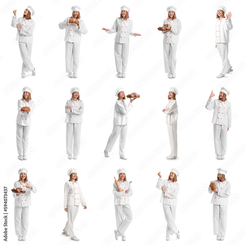 Collage of young female baker on white background