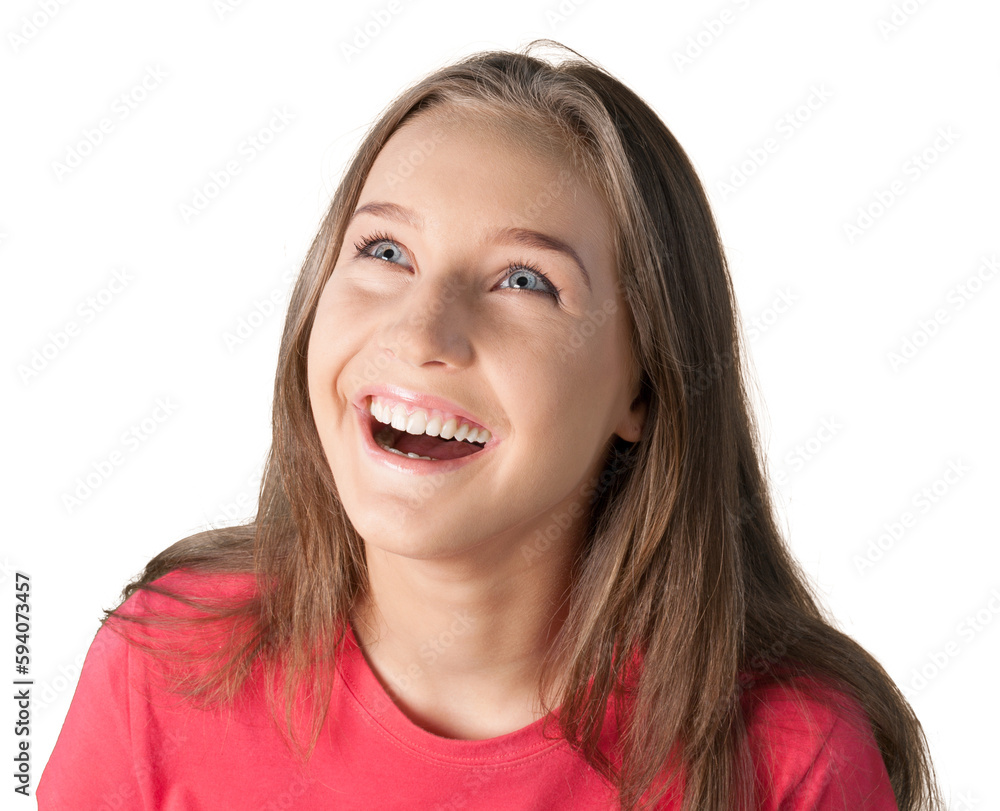 Portrait of young beautiful woman in red shirt isolated on white background Portrait of young beautiful woman in red shirt isolated on white background