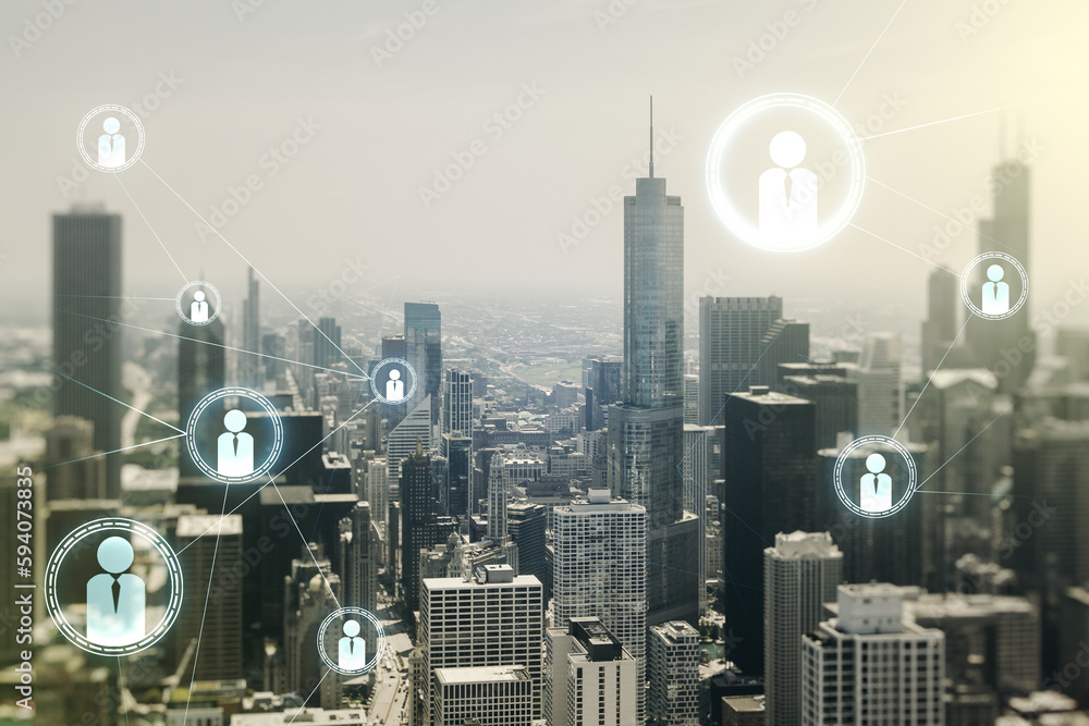 Abstract virtual social network hologram on Chicago cityscape background. Double exposure