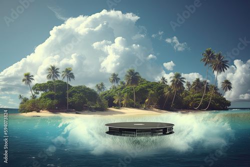 Tropical island with cloud computing tech display podium in the water created with Generative AI technology © sommersby