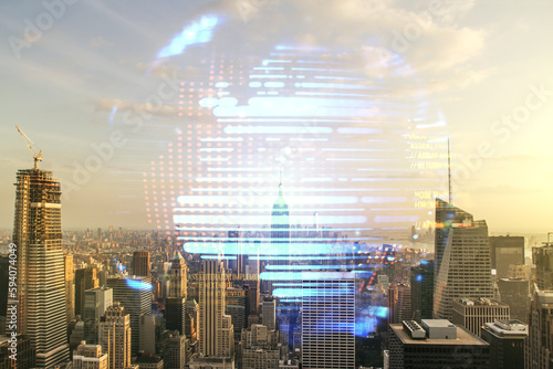 Abstract virtual coding concept and world map hologram on New York city skyline background. Multiexposure
