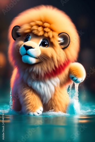 Cute and adorable cartoon fluffy lion, waterboom, surrealism, super cute, sports background photo