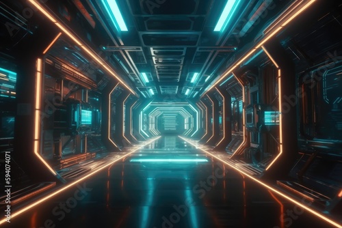 sci-fi spaceship neon light corridor. Futuristic technology abstracts seamlessly for tech titles and background Generative AI