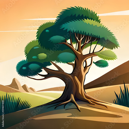 Landscape with sunny tree and mountains illustration. created with AI technology