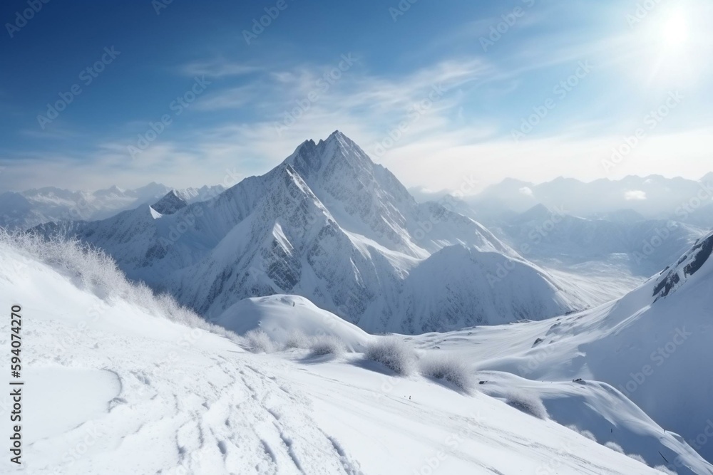 Snowy Greater Caucasus ridge with the Mt. Ushba at winter sunny day. View from Pastuchova kliffs at Elbrus ski slope, Kabardino-Balkaria, Russia. Generative AI