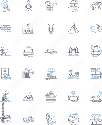 Exploring line icons collection. Discovery, Adventure, Investigation, Travel, Survey, Trekking, Mapping vector and linear illustration. Roaming,Piering,Expanding outline signs set