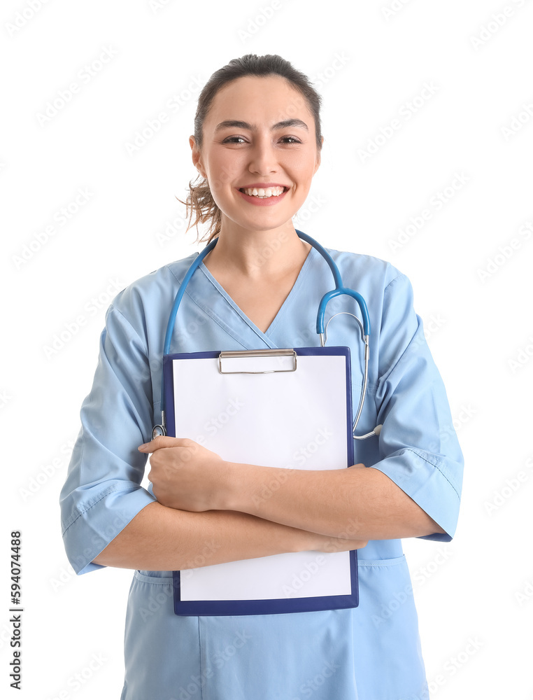 Female medical assistant with clipboard on white background Female medical assistant with clipboard on white background
