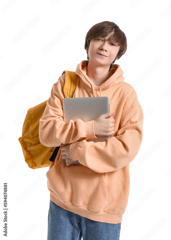 Male student with laptop and backpack on white background Male student with laptop and backpack on white background