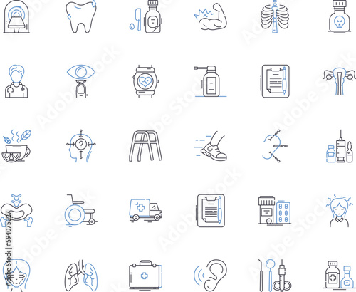 Clinical care line icons collection. Diagnosis, Treatment, Medication, Consultation, Management, Rehabilitation, Intervention vector and linear illustration. Therapy,Monitoring,Adherence outline signs