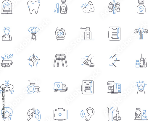 Clinical care line icons collection. Diagnosis  Treatment  Medication  Consultation  Management  Rehabilitation  Intervention vector and linear illustration. Therapy Monitoring Adherence outline signs