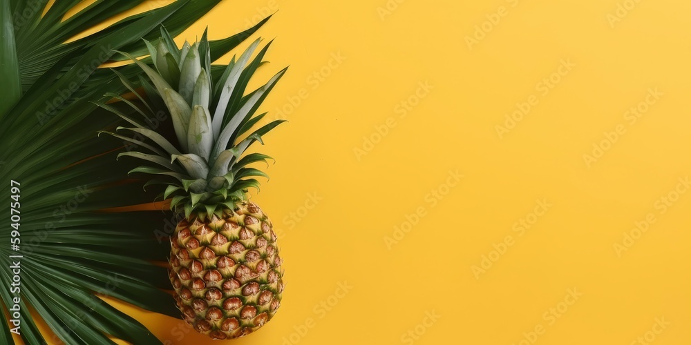Tropical pineapple and palm on yellow background. Empty space flat lay. Creative minimal summer concept. Generative AI