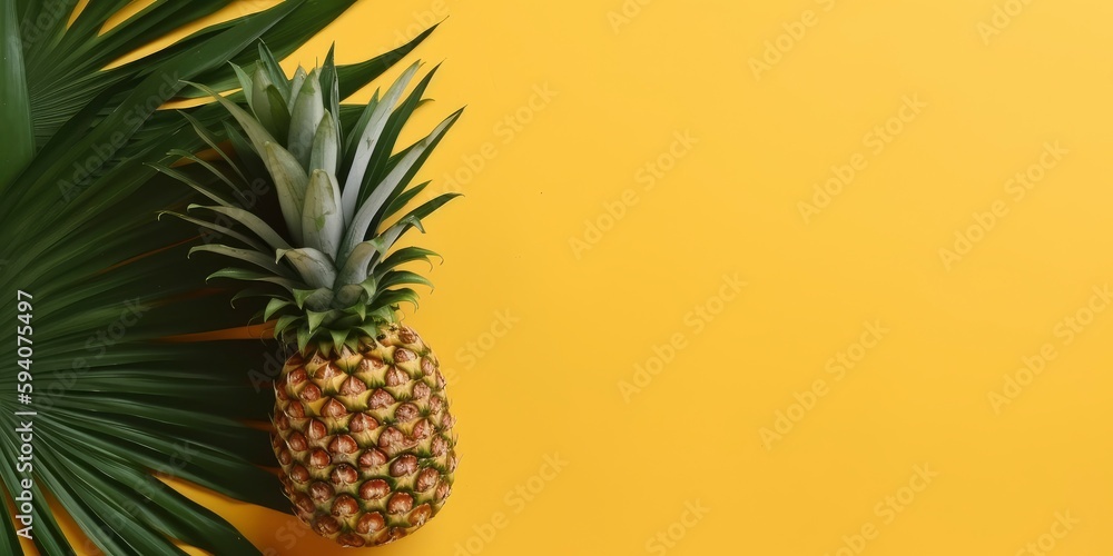 Tropical pineapple and palm on yellow background. Empty space flat lay. Creative minimal summer concept. Generative AI Tropical pineapple and palm on yellow background. Empty space flat lay. Creative minimal summer concept. Generative AI