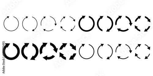 different circular arrows of black color, different thickness. Vector illustration.