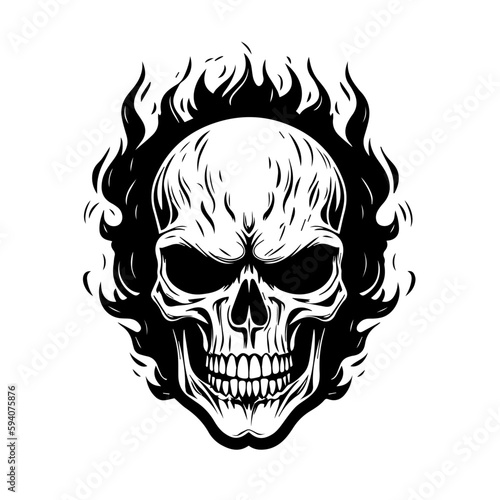 Flaming Burning Skull On Fire Logo Monochrome Design Style 