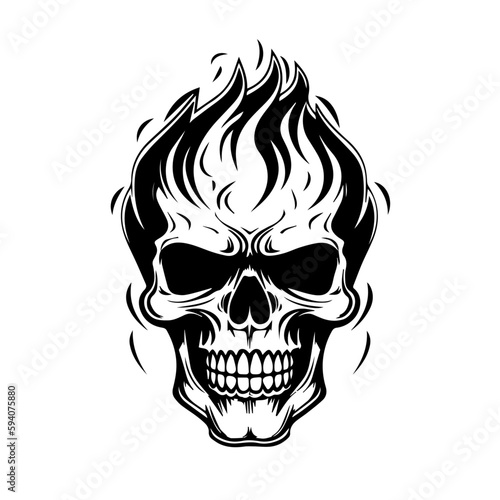 Flaming Burning Skull On Fire Logo Monochrome Design Style 