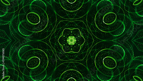 3d render. Green motion design background with symmetrical star pattern. Abstract sci-fi bg with glow particles form curved lines, surfaces, hologram or virtual digital space. Floral structure