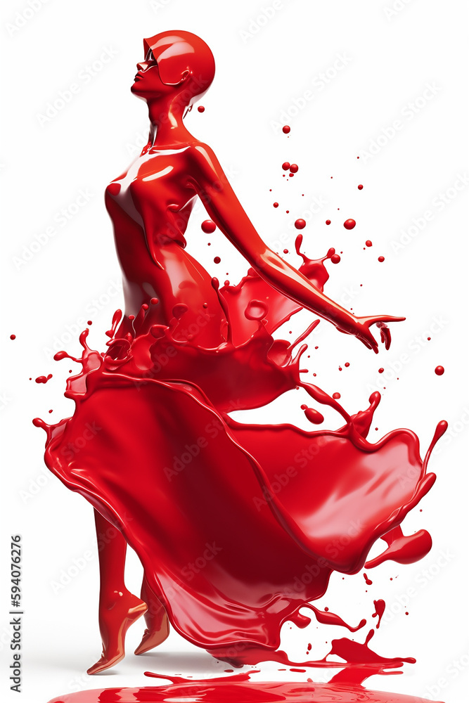 Fototapeta premium Respingo de óleo vermelho ou forma de motor de mulher vestida, soro cosmético líquido isolado em fundo branco