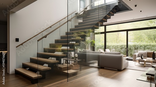 a beautiful staircase in the hall  glass design
