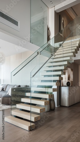 a beautiful staircase in the hall, glass design