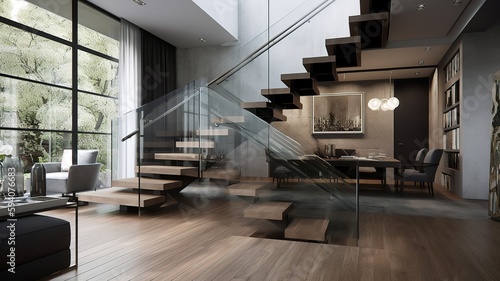 a beautiful staircase in the hall, glass design