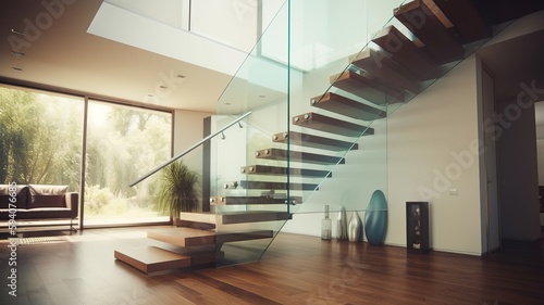 a beautiful staircase in the hall, glass design