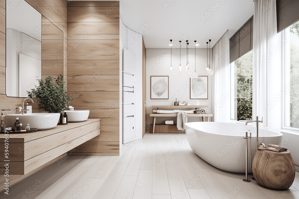 White and wooden bathroom with tub and shower. Generative AI
