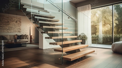 a beautiful staircase in the hall  glass design