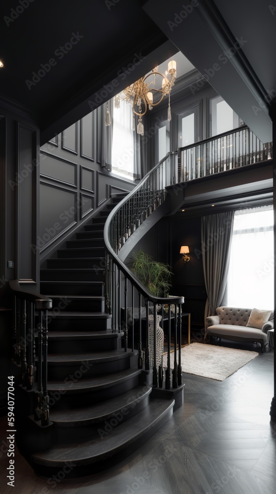 a beautiful staircase in the hall, black design a beautiful staircase in the hall, black design