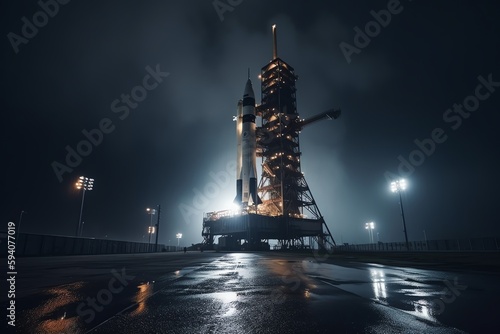 Space rocket on launch pad. Generative AI
