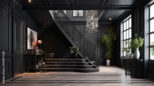a beautiful staircase in the hall, black design © Sndor