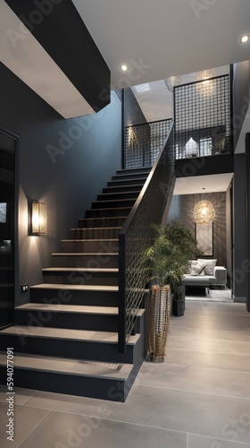 a beautiful staircase in the hall  black design