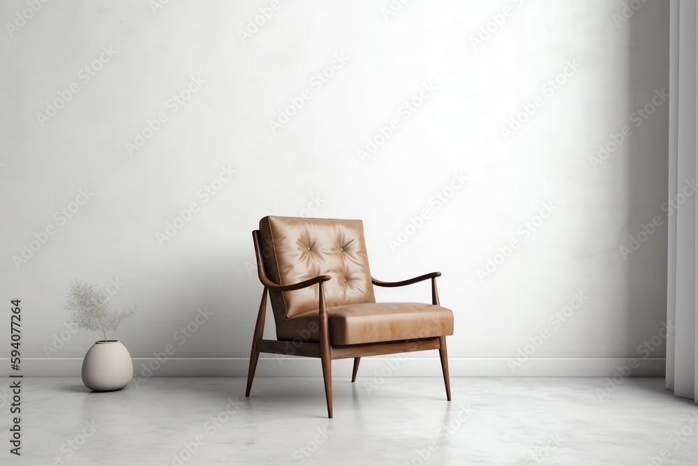 Minimalist armchair on white wall background. Generative AI Minimalist armchair on white wall background. Generative AI