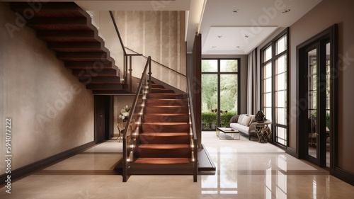 a beautiful staircase in the hall  brown design
