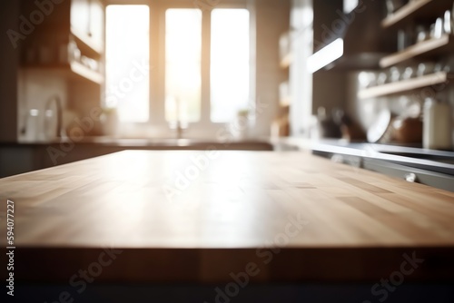 Top view of empty kitchen counter with blurred background. Generative AI