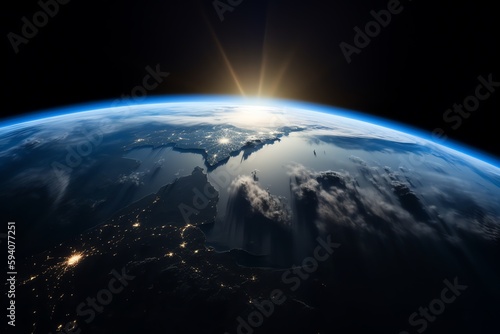 Earth from space with blue sunrise and stars in the background. Generative AI
