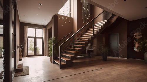 a beautiful staircase in the hall, brown design