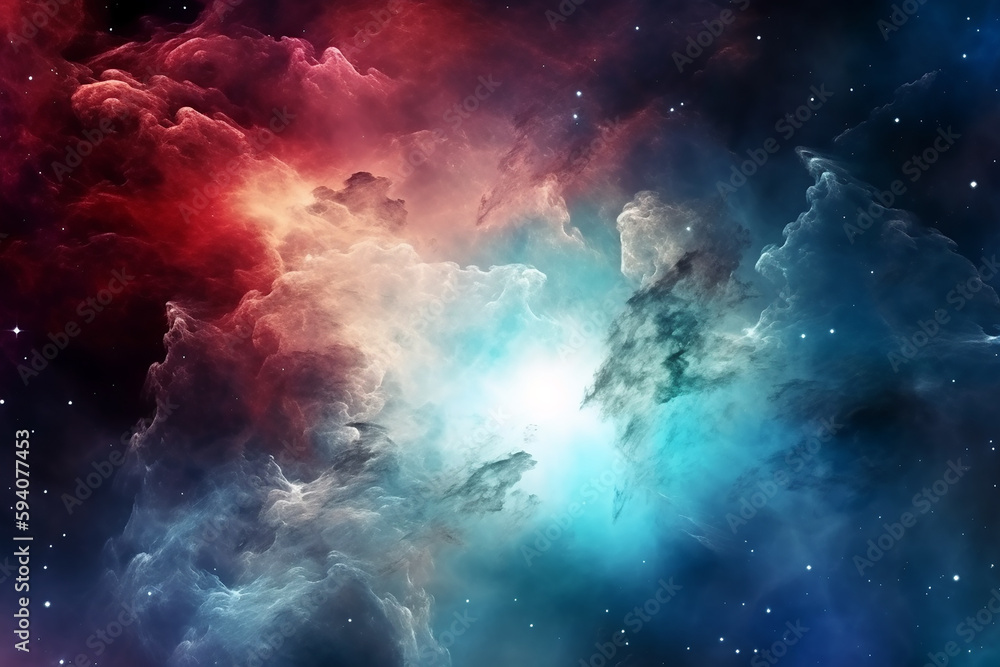 
Fundo vetorial espacial com nebulosa realista e estrelas brilhantes. Galáxia colorida mágica com poeira estelar