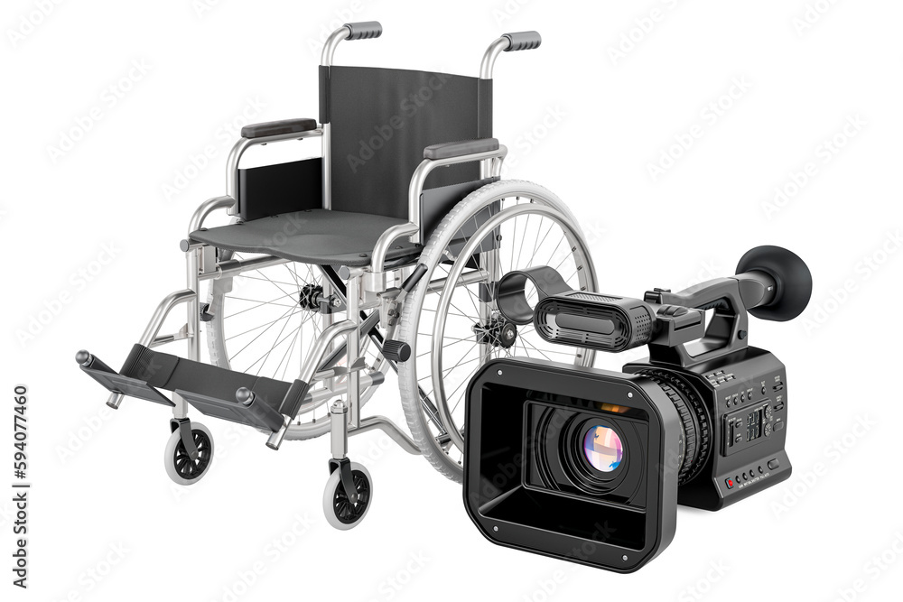 Professional video camera with manual wheelchair. 3D rendering Professional video camera with manual wheelchair. 3D rendering
