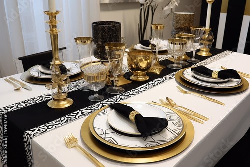 mesa posta preta, branca e dourada