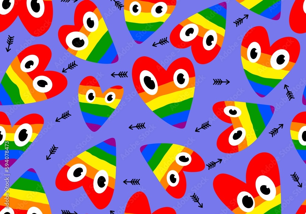 Cartoon rainbow pride seamless hearts pattern for wrapping paper and fabrics and linens and fashion print