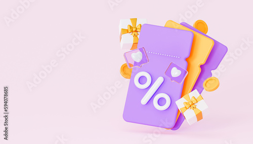 3D coupon with gift box. Online shopping concept. 