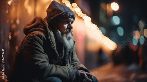 a sad homeless man sits on the street against the backdrop of a bright festive illumination of the city. the concept of helping the poor and the homeless. Generative AI