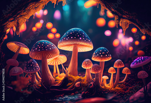 A bright enchanted forest with magical mushrooms. Generative AI