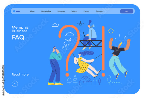 Memphis business illustration. FAQ -modern flat vector concept illustration of people with interrogation markand exclamation point. Frequently asked questions metaphor Corporate business sales concept