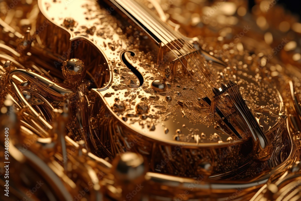art background with the image of musical signs and elements of musical instruments made of gold metal, music made in metal on a black background. Generative AI art background with the image of musical signs and elements of musical instruments made of gold metal, music made in metal on a black background. Generative AI