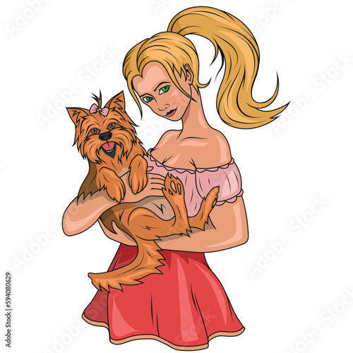A girl with a yorkshire terrier. Vector illustration of a  sexy girl with little dog. Yorkshire terrier in her arms